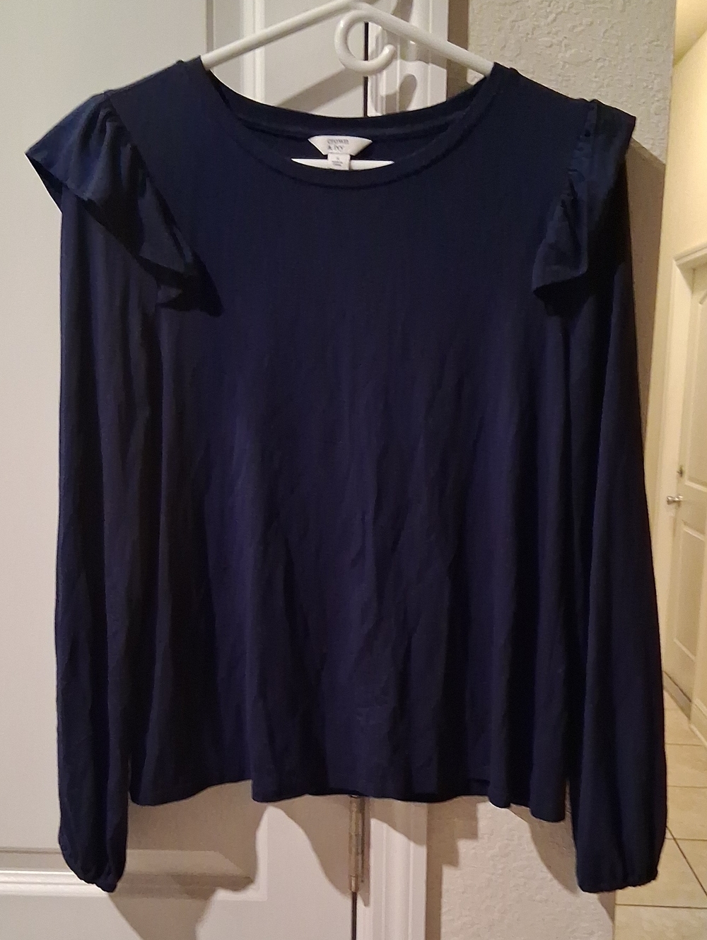 crown & ivy Navy Long Sleeve Top with Shoulder Ruffles